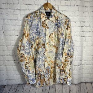 Indigo Palm Tommy Bahama Pearl Snap Shirt Men Large Blue Brown Paisley Cotton